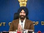 Delhi Forest and Environment Minister Manjinder Singh Sirsa during a press conference on the issue of Delhi pollution, at the Delhi Secretariat, in New Delhi.  (Photo by RAJ K RAJ / Hindustan Times)