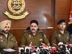 SSP Harmandeep Singh Hans during a press conference in Mohali on Tuesday. (Sanjeev Sharma/HT)