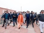 Uttar Pradesh chief minister Yogi Adityanath during an inspection at the Rashtra Prerna Sthal site in Lucknow on Wednesday. (HT)