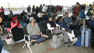 Stranded passengers waiting at Jaiprakash Narayan Airport in Patna amid widespread Indigo flights disruptions, Bihar, India, Monday,15, 2025.(Photo by Santosh Kumar/ Hindustan Times)