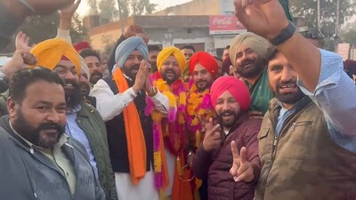 AAP supporters celebrate win of party’s candidate in Sangrur. The ruling party was leading in majority of zones across zila parishads and panchayat samitis on Wednesday.