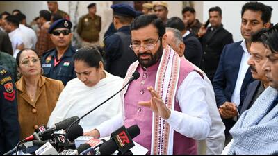 Haryana Chief Minister Nayab Singh Saini addressing the media after the grievance committee meeting in Gurugram on Wednesday. (Parveen Kumar/Hindustan Times)