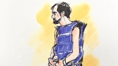 Nick Reiner, wearing a blue protective vest, makes his first court appearance on murder charges for the killing of his parents Rob and Michele Weiner. (REUTERS)