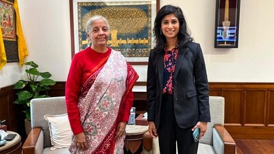 Union Finance Nirmala Sitharaman with former deputy managing director of International Monetary Fund Gita Gopinath during a meeting, at Parliament House (@nsitharamanoffc)
