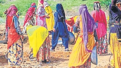 Women labourers work at a site under the Mahatma Gandhi National Rural Employment Guarantee Act (MGNREGA) on the outskirts of Ajmer. (PTI FILE PHOTO) Women labourers work at a site under the Mahatma Gandhi National Rural Employment Guarantee Act (MGNREGA) on the outskirts of Ajmer. (PTI FILE PHOTO)
