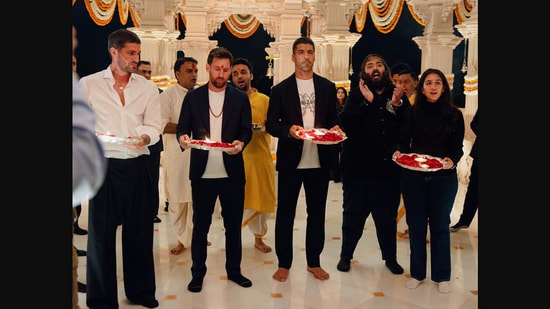 Lionel Messi with Anant Ambani, Radhika Merchant, and others during the Vantara visit. (X/@ANI)