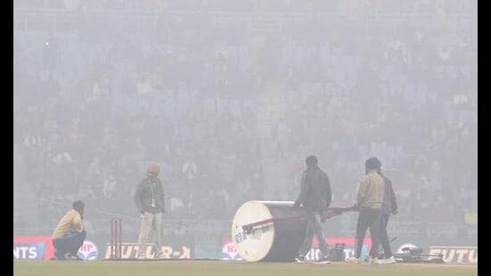 Ground staff members ahead of the fourth T20 International cricket match of a series between India and South Africa, at Ekana Cricket Stadium in Lucknow on Wednesday. (PTI Photo)