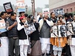 Congress Parliamentary Party Chairperson Sonia Gandhi, with Congress Party President Mallikarjun Kharge, Congress MP KC Venugopal, DMK MP Kanimozhi Karunanidhi, DMK MP TR Balu, and other India Bloc MPs, holds a protest over the renaming of MGNREGA during the ongoing Winter Session, in New Delhi on Thursday. 