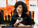 Catherine Almonte Da Costa speaks during a press conference in New York City