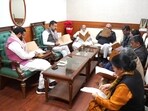 Chief minister Nayab Singh Saini, energy minister Anil Vij, parliamentary affairs minister Mahipal Dhanda, Leader of the Opposition Bhupinder Singh Hooda and Congress MLA Geeta Bhukkal were present at the meeting. (HT Photo) Chief minister Nayab Singh Saini, energy minister Anil Vij, parliamentary affairs minister Mahipal Dhanda, Leader of the Opposition Bhupinder Singh Hooda and Congress MLA Geeta Bhukkal were present at the meeting. (HT Photo)