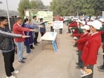In this series, around 50 students from Ankur School, Sector 14, visited the Pink Material Recovery Facility (MRF) Centre and the Solid Waste Management Plant on Thursday. (HT Photo)