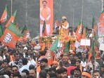 Newly appointed Bihar BJP president Sanjay Saraogi being welcomed during a road show at Nehru Path in Patna, on Thursday (SANTOSH KUMAR/HT) Newly appointed Bihar BJP president Sanjay Saraogi being welcomed during a road show at Nehru Path in Patna, on Thursday (SANTOSH KUMAR/HT)