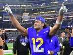 Los Angeles Rams wide receiver Puka Nacua (12) celebrates after defeating the Detroit Lions at SoFi Stadium