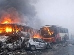 Eight buses, including one roadways bus, were burnt in the fog triggered multiple-vehicle accident on Yamuna E-way.