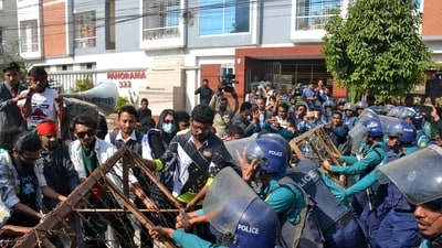 In Rajshahi, a protest march had been organised by ‘July 36 Mancha’ toward the Indian Assistant High Commission. (AFP) In Rajshahi, a protest march had been organised by ‘July 36 Mancha’ toward the Indian Assistant High Commission. (AFP)