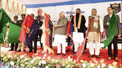 Bihar CM Nitish Kumar along with Dy CMs Samrat Choudhary and Vijay Sinha flag off 34 mobile forensic vehicles in Patna, Thursday (SANTOSH KUMAR/HT) Bihar CM Nitish Kumar along with Dy CMs Samrat Choudhary and Vijay Sinha flag off 34 mobile forensic vehicles in Patna, Thursday (SANTOSH KUMAR/HT)