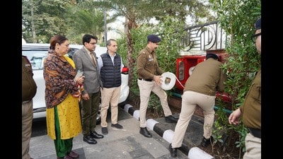 During the visit, the team reviewed the availability and functionality of fire safety equipment. (HT Photo) During the visit, the team reviewed the availability and functionality of fire safety equipment. (HT Photo)