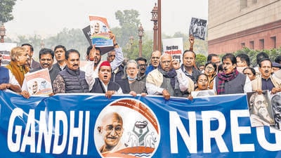 Opposition leaders raise slogans during a protest at the Parliament House complex amid its ongoing Winter session, in New Delhi, Thursday. (PTI) Opposition leaders raise slogans during a protest at the Parliament House complex amid its ongoing Winter session, in New Delhi, Thursday. (PTI)