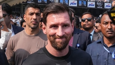 Lionel Messi during an event as part of his 'G.O.A.T. India Tour 2025'. (PTI) Lionel Messi during an event as part of his 'G.O.A.T. India Tour 2025'. (PTI)