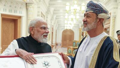 Prime Minister Narendra Modi being conferred with Oman’s highest honour, 'Order of Oman' by Sultan of Oman Haitham bin Tarik , in Muscat on Thursday. (ANI) Prime Minister Narendra Modi being conferred with Oman’s highest honour, 'Order of Oman' by Sultan of Oman Haitham bin Tarik , in Muscat on Thursday. (ANI)