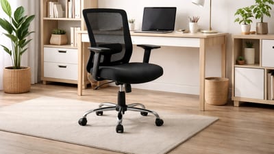 A clean work-from-home setup showing a revolving office chair that moves easily between desk, shelves, and everyday tasks without breaking focus. (AI generated) A clean work-from-home setup showing a revolving office chair that moves easily between desk, shelves, and everyday tasks without breaking focus. (AI generated)
