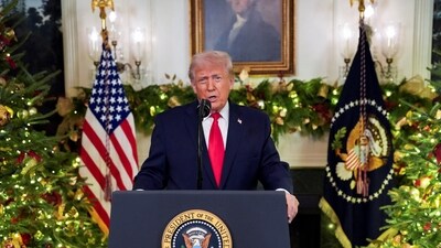 President Donald Trump delivers an address to the nation from the Diplomatic Reception Room of the White House, in Washington, D.C., U.S. Wednesday, Dec. 17, 2025.   Doug Mills/Pool via REUTERS REFILE - QUALITY REPEAT (via REUTERS)