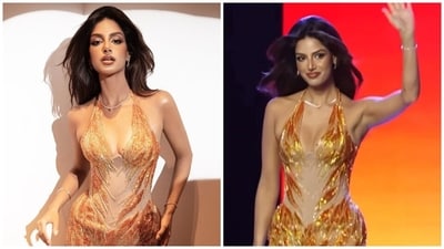 Harnaaz Sandhu dazzles in a sheer gown for Miss Cosmo 2025. (Instagram) Harnaaz Sandhu dazzles in a sheer gown for Miss Cosmo 2025. (Instagram)