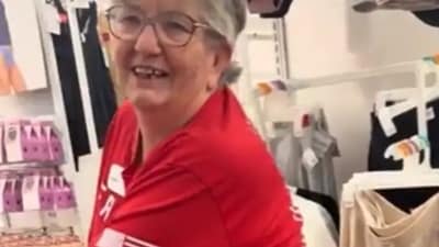 Screengrab of video showing the elderly Target employee who wore the 'Freedom' tee-shirt. (X/@TheOfficerTatum) Screengrab of video showing the elderly Target employee who wore the 'Freedom' tee-shirt. (X/@TheOfficerTatum)