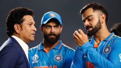 Sachin Tendulkar, left, and Virat Kohli, right moments after the 2023 World Cup final (AFP) Sachin Tendulkar, left, and Virat Kohli, right moments after the 2023 World Cup final (AFP)