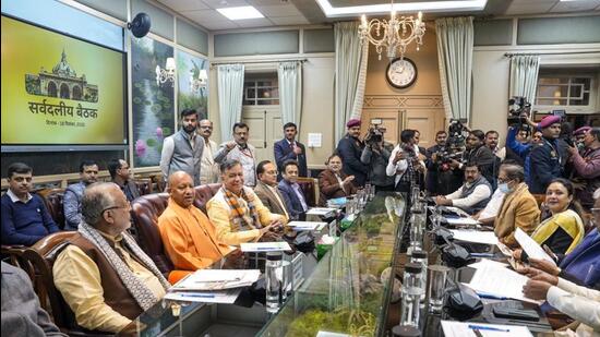 An all-party meeting in progress on the eve of the winter session of the Uttar Pradesh legislature. (PTI PHOTO)