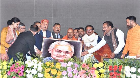 UP CM Yogi Adityanath at Bateshwar on the occasion of the 99th birth anniversary of Atal Behari Vajpayee on Dec 25, 2023 (HT file)
