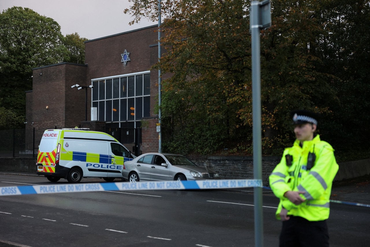 A synagogue in Manchester, England, the scene of a ramming and knife attack. A synagogue in Manchester, England, the scene of a ramming and knife attack.