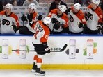 Philadelphia Flyers right wing Travis Konecny (11) celebrates after his goal Philadelphia Flyers right wing Travis Konecny (11) celebrates after his goal