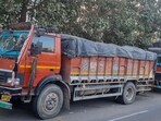 Truck remain parked in Udyog Vihar due to entry restrictions in New Delhi on Friday. (Parveen Kumar/HT Photo) Truck remain parked in Udyog Vihar due to entry restrictions in New Delhi on Friday. (Parveen Kumar/HT Photo)