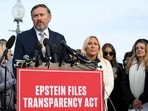 US Representative Thomas Massie (R-KY), accompanied by Representative Marjorie Taylor Greene (R-GA), speaking during a press conference on the Epstein Files Transparency Act. November 18, 2025. 