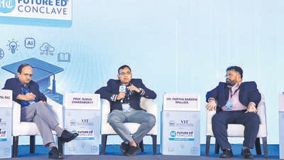 (From left) BITS Pilani vice-chancellor Ramgopal Rao, IIT Kharagpur director Suman Chakraborty and VIT pro-vice-chancellor Partha Sarathi Mallick at the HT Future Ed Conclave 2025. (HT Photo) (From left) BITS Pilani vice-chancellor Ramgopal Rao, IIT Kharagpur director Suman Chakraborty and VIT pro-vice-chancellor Partha Sarathi Mallick at the HT Future Ed Conclave 2025. (HT Photo)