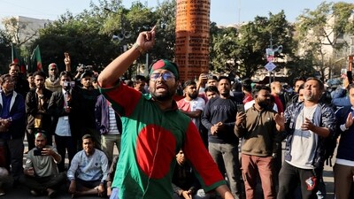 Supporters chant slogans as they block Shahbagh Square demanding justice, following the death of Sharif Osman Hadi, a student leader, who was undergoing treatment in Singapore after being shot in the head, in Dhaka, Bangladesh, December 19, 2025. (REUTERS)