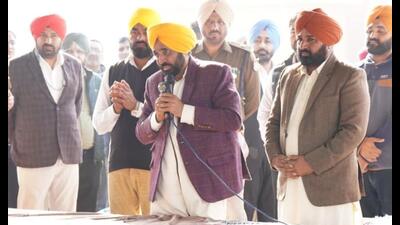 Chief minister Bhagwant Mann interacting with Satauj village residents in Sangrur on Friday. (HT)