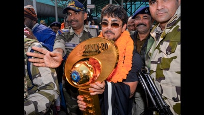 Jharkhand cricket team's captain Ishan Kishan arrives at Birsa Munda Airport in Ranchi, a day after the team won the Syed Mushtaq Ali Trophy 2025. (PTI) Jharkhand cricket team's captain Ishan Kishan arrives at Birsa Munda Airport in Ranchi, a day after the team won the Syed Mushtaq Ali Trophy 2025. (PTI)