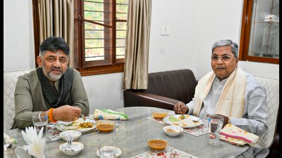Karnataka Chief Minister Siddaramaiah with Deputy CM D K Shivakumar during a breakfast meeting amid the ongoing leadership issue in the state, at the former's residence 'Kaveri', in Bengaluru on November 29 (PTI) Karnataka Chief Minister Siddaramaiah with Deputy CM D K Shivakumar during a breakfast meeting amid the ongoing leadership issue in the state, at the former's residence 'Kaveri', in Bengaluru on November 29 (PTI)