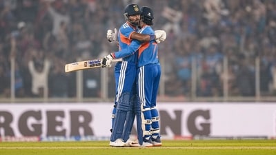 Hardik put on 105 off only 44 balls in a brilliant fourth wicket partnership with Tilak just when the momentum had slowed down for India as they posted a mammoth 231/5 while batting first. (PTI) Hardik put on 105 off only 44 balls in a brilliant fourth wicket partnership with Tilak just when the momentum had slowed down for India as they posted a mammoth 231/5 while batting first. (PTI)