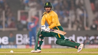 Quinton de Kock scored 65 off 35 balls to put up a solid fight for his team early in the chase but after his dismissal they fell apart. (PTI) Quinton de Kock scored 65 off 35 balls to put up a solid fight for his team early in the chase but after his dismissal they fell apart. (PTI)