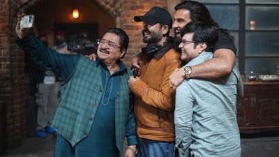 Rakesh Bedi clicks a selfie with Aditya Dhar and Ranveer Singh on the sets of Dhurandhar. Rakesh Bedi clicks a selfie with Aditya Dhar and Ranveer Singh on the sets of Dhurandhar.
