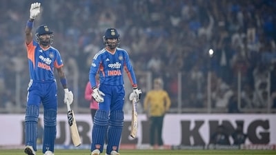 In a blistering innings, Hardik Pandya smashed 63 off just 25 balls, hitting five sixes and five fours, reaching his seventh T20I half-century in only 16 deliveries. (AFP) In a blistering innings, Hardik Pandya smashed 63 off just 25 balls, hitting five sixes and five fours, reaching his seventh T20I half-century in only 16 deliveries. (AFP)