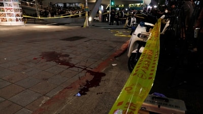 A pool of blood is seen on the ground after the suspect jumped off the building after a knife attack in Taipei, Taiwan, Friday, Dec. 19, 2025 (AP) A pool of blood is seen on the ground after the suspect jumped off the building after a knife attack in Taipei, Taiwan, Friday, Dec. 19, 2025 (AP)