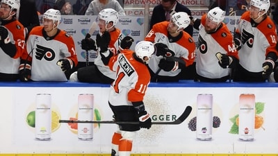 Philadelphia Flyers right wing Travis Konecny (11) celebrates after his goal (AP) Philadelphia Flyers right wing Travis Konecny (11) celebrates after his goal (AP)