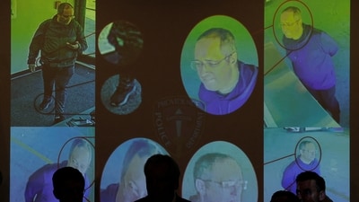 Images of the shooter at Brown University, identified by authorities as Claudio Neves Valente, are displayed during a press conference as civic leaders and law enforcement announce Valente has been found dead, in Providence, Rhode Island, U.S., December 18, 2025. (REUTERS)
