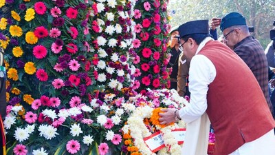 Uttarakhand Chief Minister Pushkar Singh Dhami lays a wreath at the Shaheed Memorial during Vijay Diwas commemorations in Dehradun. Uttarakhand Chief Minister Pushkar Singh Dhami lays a wreath at the Shaheed Memorial during Vijay Diwas commemorations in Dehradun.