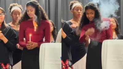 Schoolgirl showed remarkable presence of mind when her hair caught fire during a school event. (Instagram/kperezthree) Schoolgirl showed remarkable presence of mind when her hair caught fire during a school event. (Instagram/kperezthree)