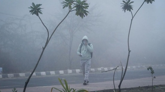 A man covers his face as he navigates through fog and pollution in Dwarka. (Vipin Kumar/HT)